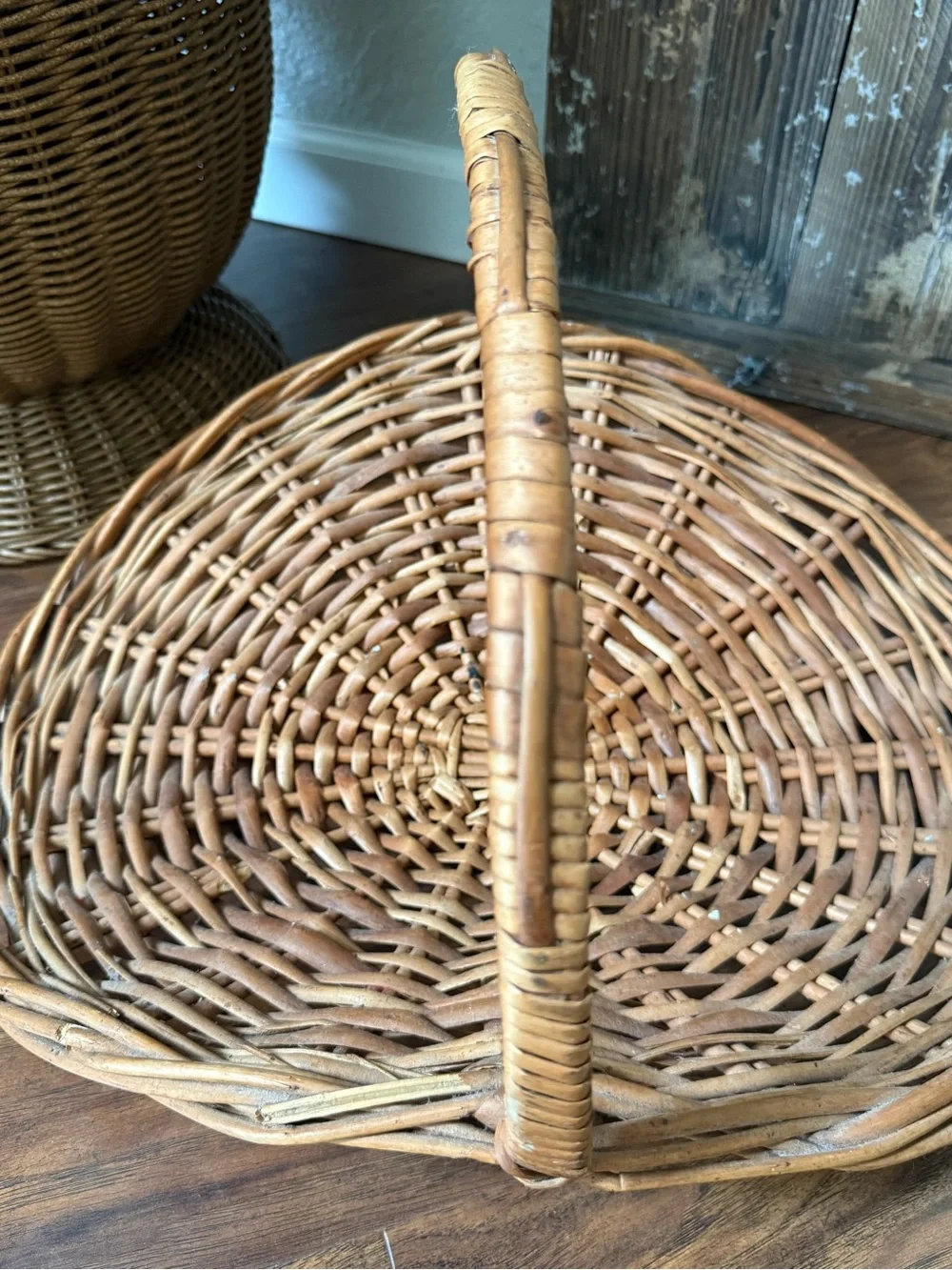 Large Mid Century French Style Flower Gathering Wicker Basket with Handle